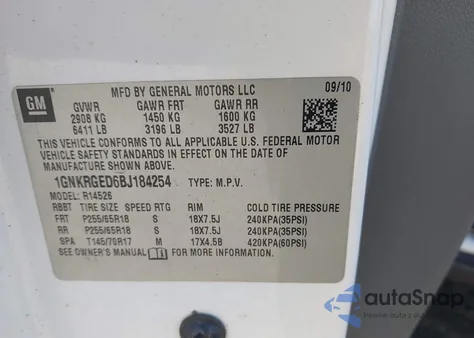 2011 Chevrolet Traverse Lt from USA, damaged, VIN 1GNKRGED6BJ184254